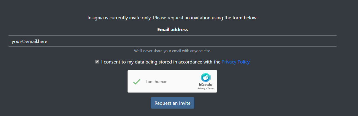 Insignia website homepage, with a fake email filled in, the consent checkbox ticked, and the CAPTCHA passed