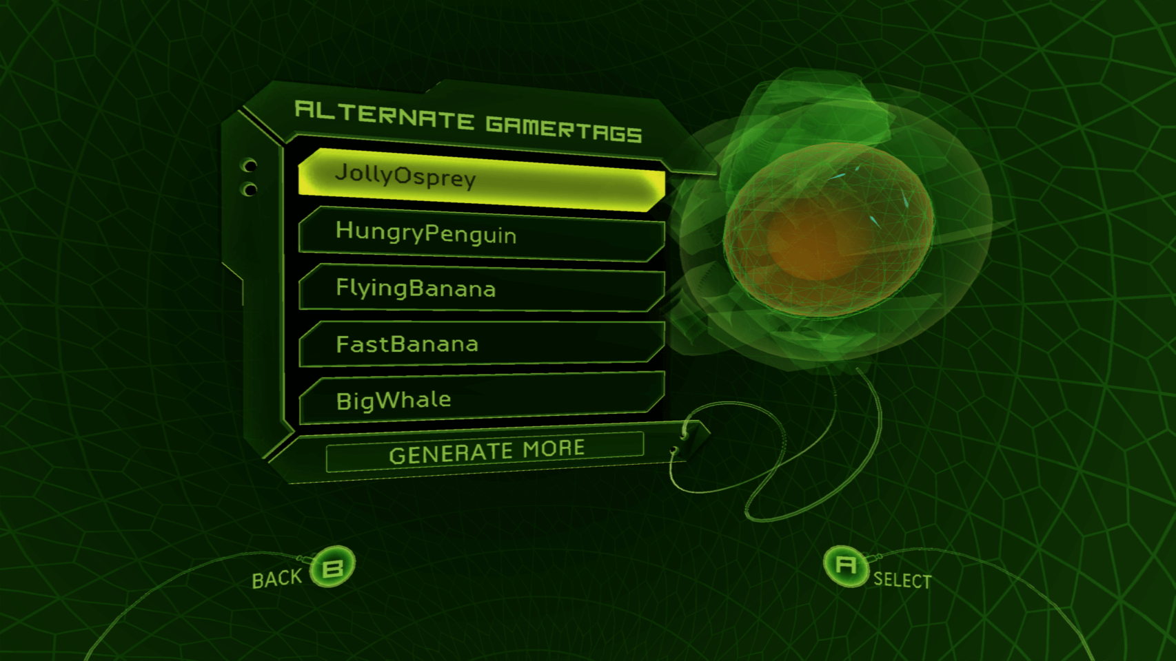 Alternative Gamertags screen, with 5 randomly generated options provided to the user such as "JollyOsprey"