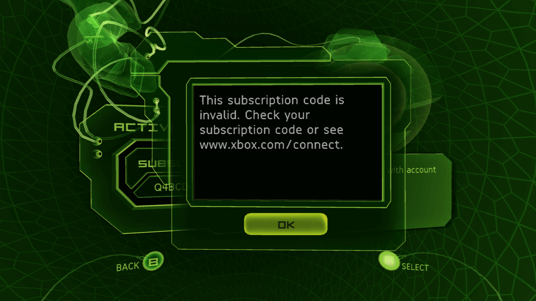 Error box with"The subscription code is invalid. Check your subscription code or see xbox.com/connect" shown.