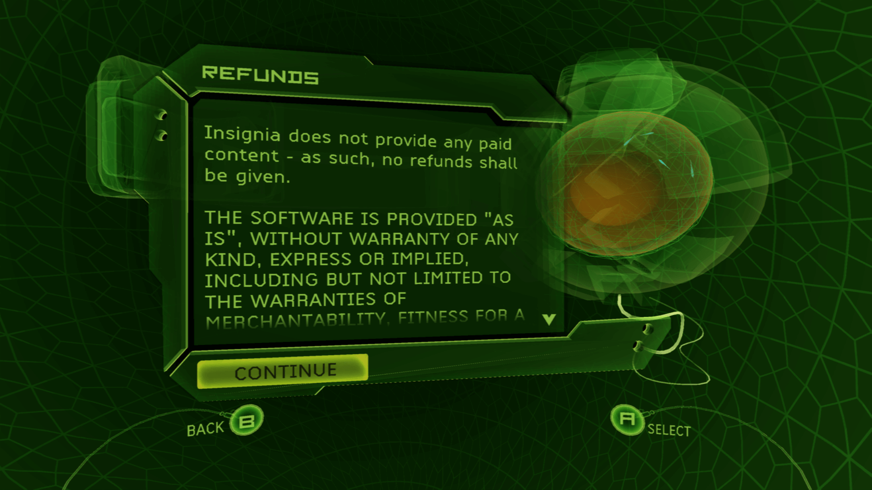 Refund Information screen highlighting that Insignia does not provide any paid content, and that the software is provided as-is.
