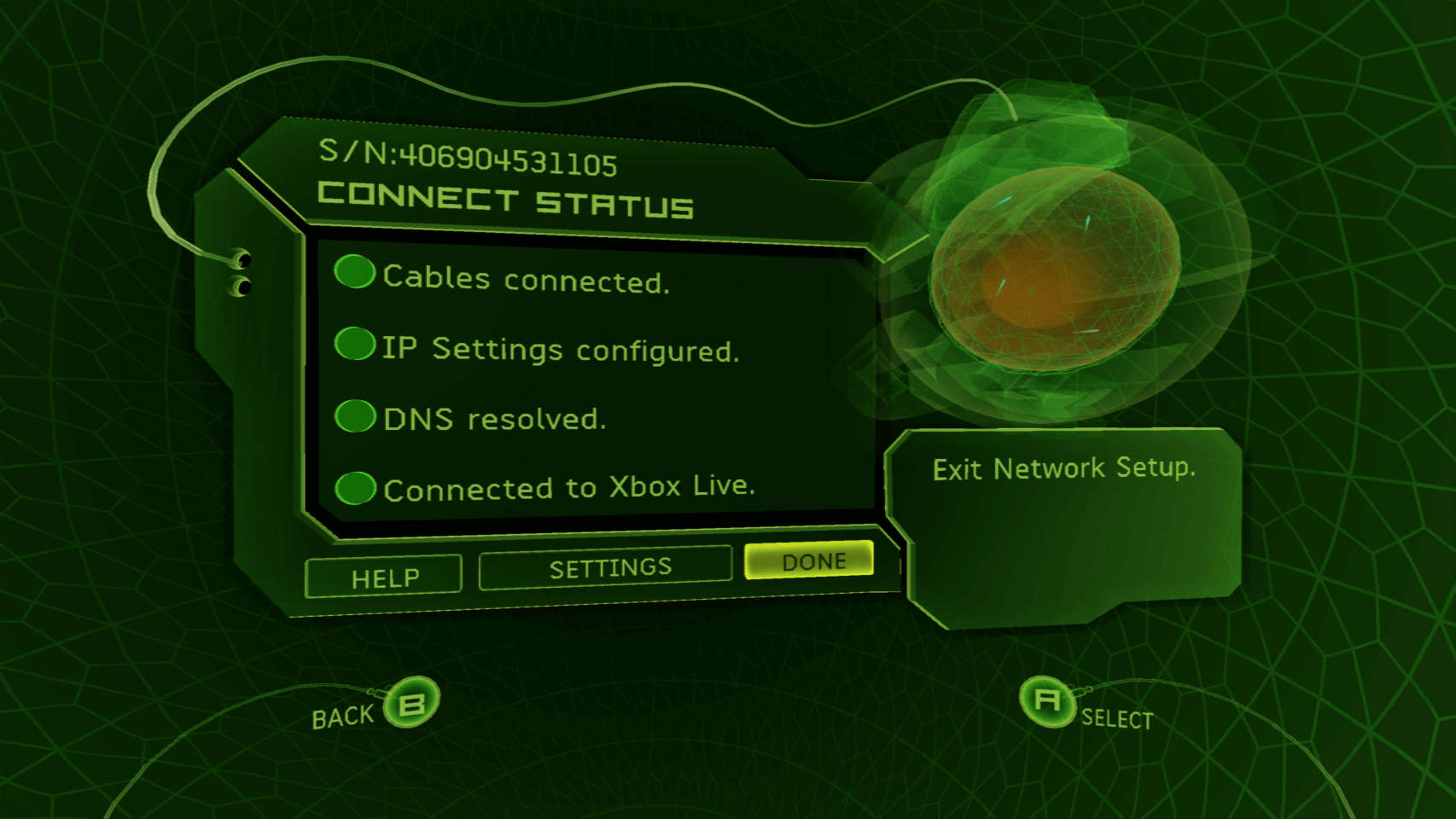 Xbox Dashboard with a fully passing connection test, signifying a successful connection to Insignia.