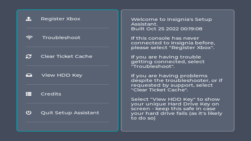 Insignia Assistant's default screen, with no options selected