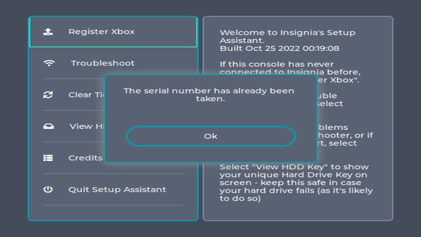 Insignia Assistant with Register Xbox selected, and the message "The serial number has already been taken." shown.