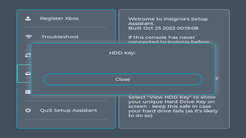 Insignia Assistant with View HDD Key selected, and a pop up containing the (blanked for demonstration purposes) HDD key is shown