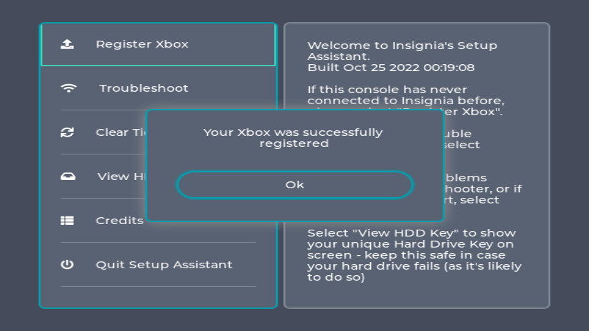 Insignia Assistant with Register Xbox selected, and the message "Your Xbox was successfully registered" shown.