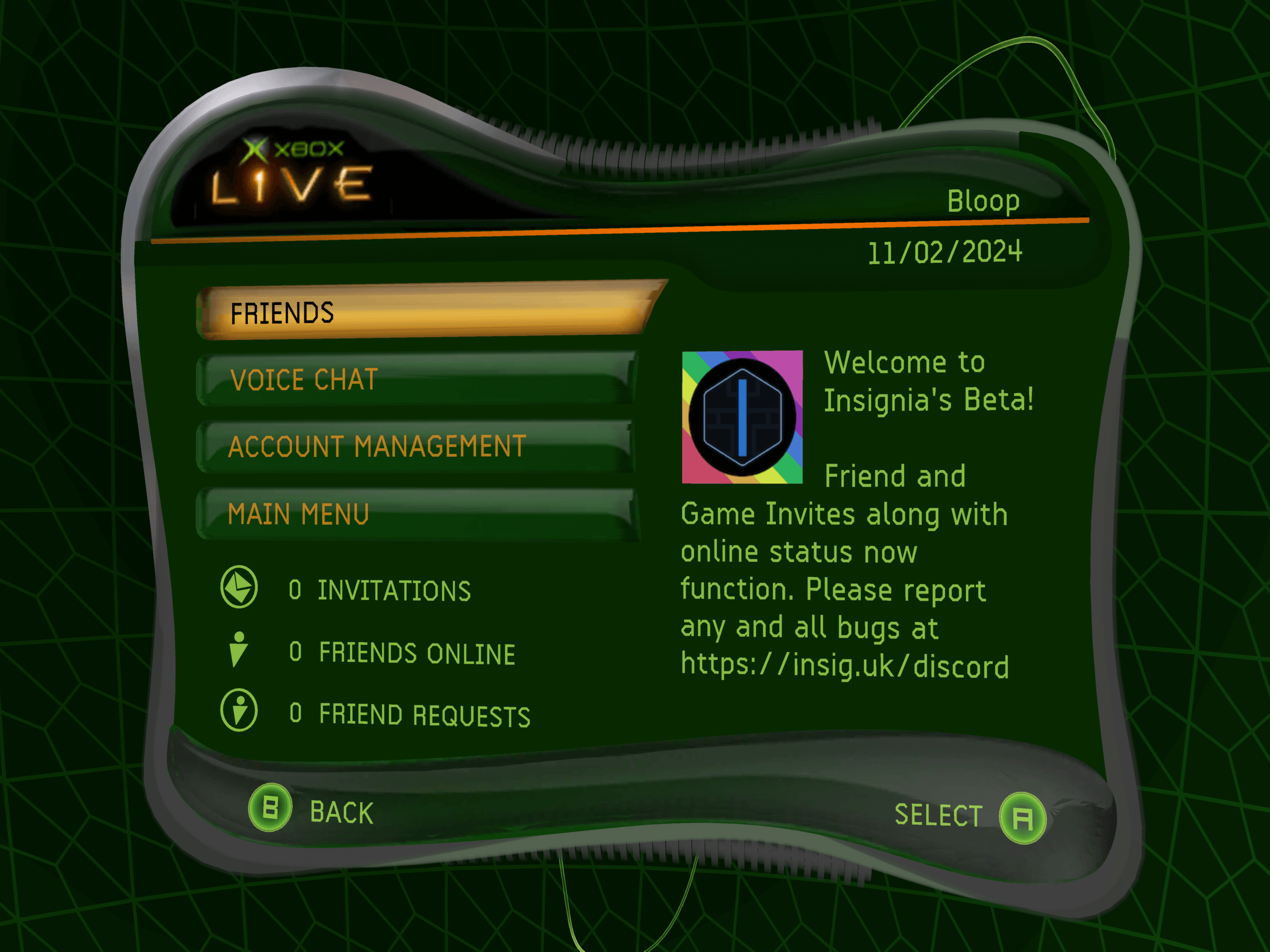 The Xbox Dashboard's Live page, showing the user "Bloop" logged in on 11/02/2024. The sub-menus "Friends", "Voice Chat", and "Account Management" are available, along with a "Sign Out" option that returns the user to the Dashboard. The Insignia logo is shown to the right of these menu options, with the following Message: "Welcome to Insignia's Beta! Friend and Game Invites along with online status now function. Please report any and all bugs at https://insig.uk/discord"