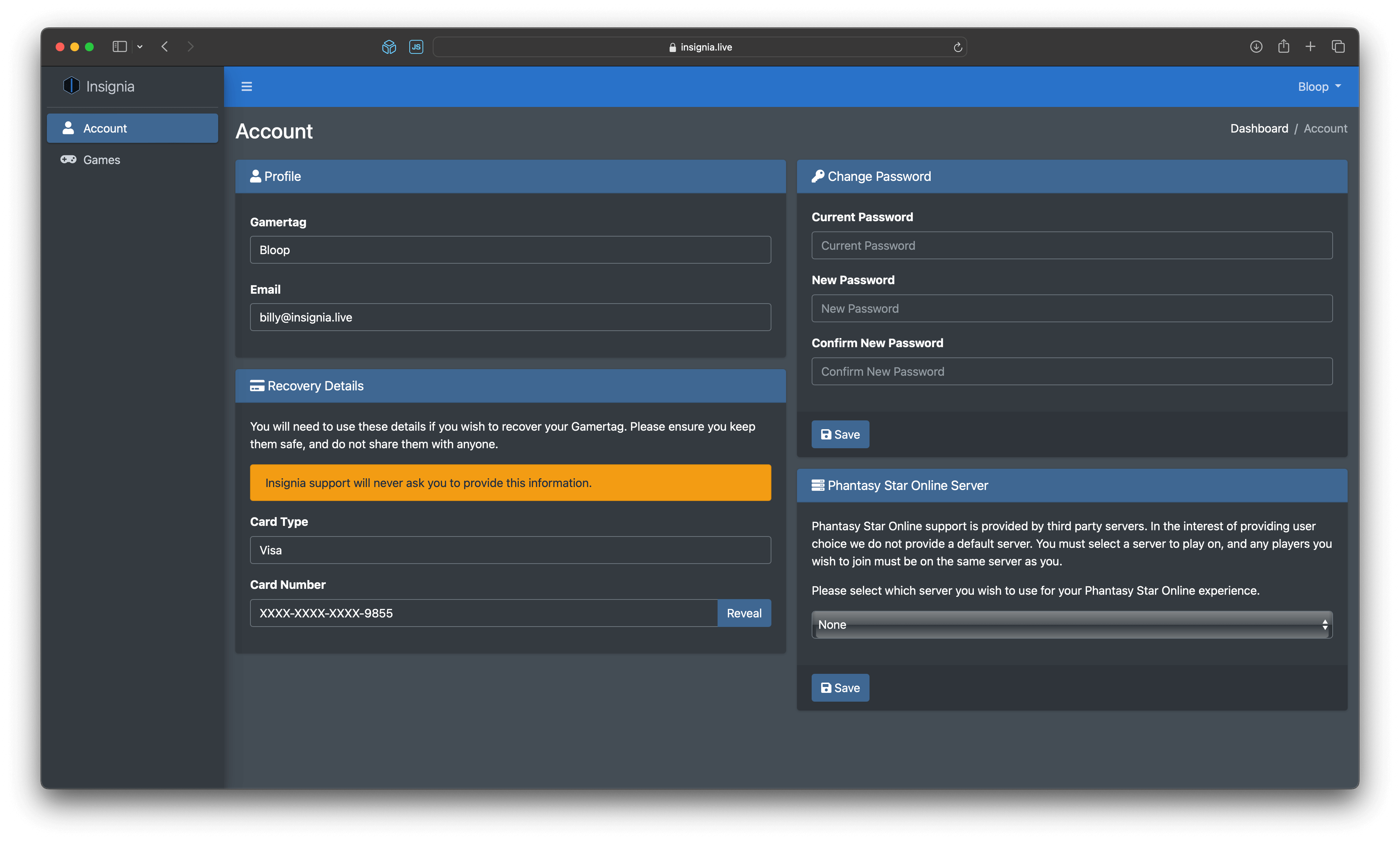 The Insignia account dashboard showing the Gamertag 'Bloop', email of the user, and the last four of the user-unique card number.