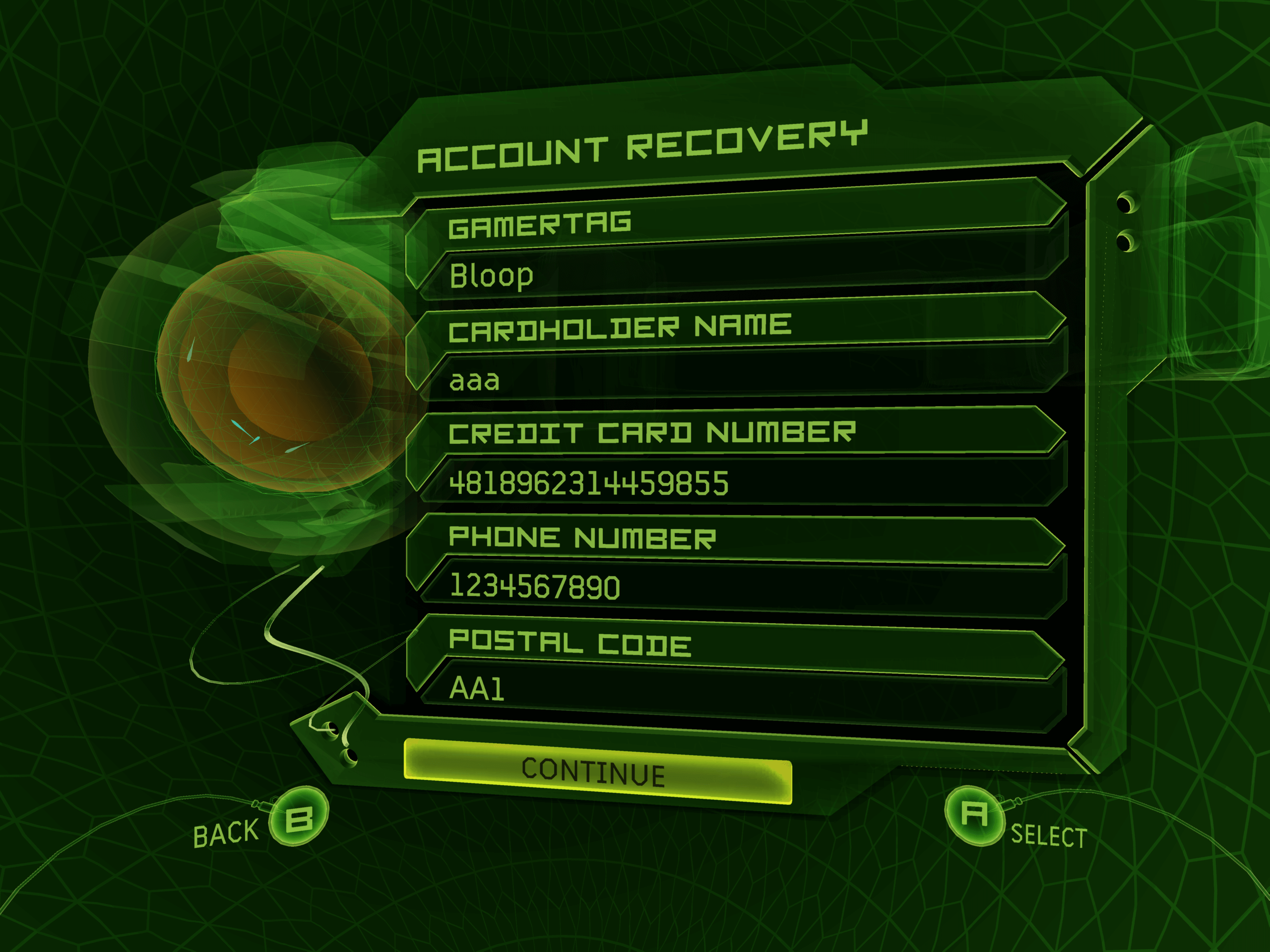 The console's Account Recovery screen - the earlier Gamertag and credit card number are entered, with filler data in the other fields so the console allows the submission.