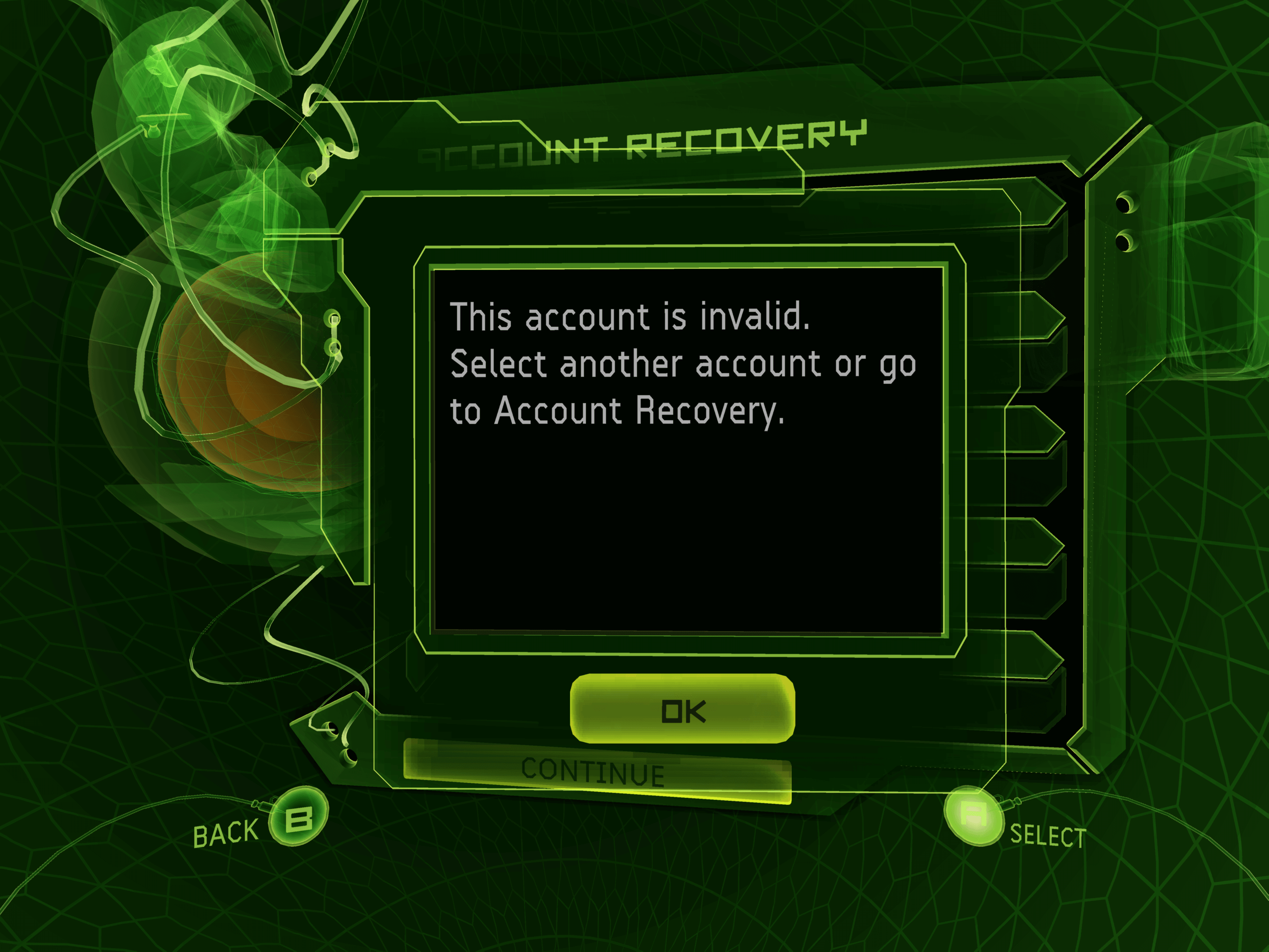 The console's Account Recovery screen with an "Invalid Account" error.