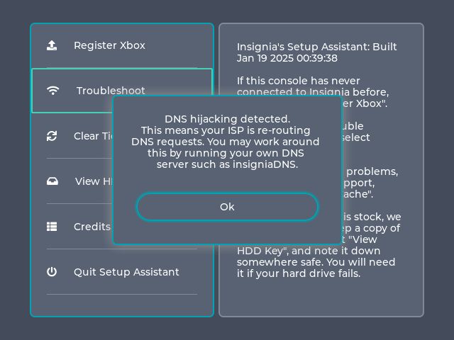 Insignia Assistant with Troubleshoot selected, and the message "DNS hijacking detected. This means your ISP is re-routing DNS requests. You may work around this by running your own DNS server such as insigniaDNS." shown.