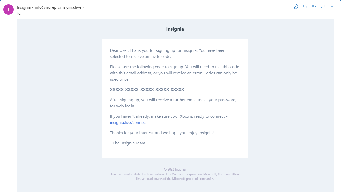Email sent by Insignia containing a user's invite code to use upon signup